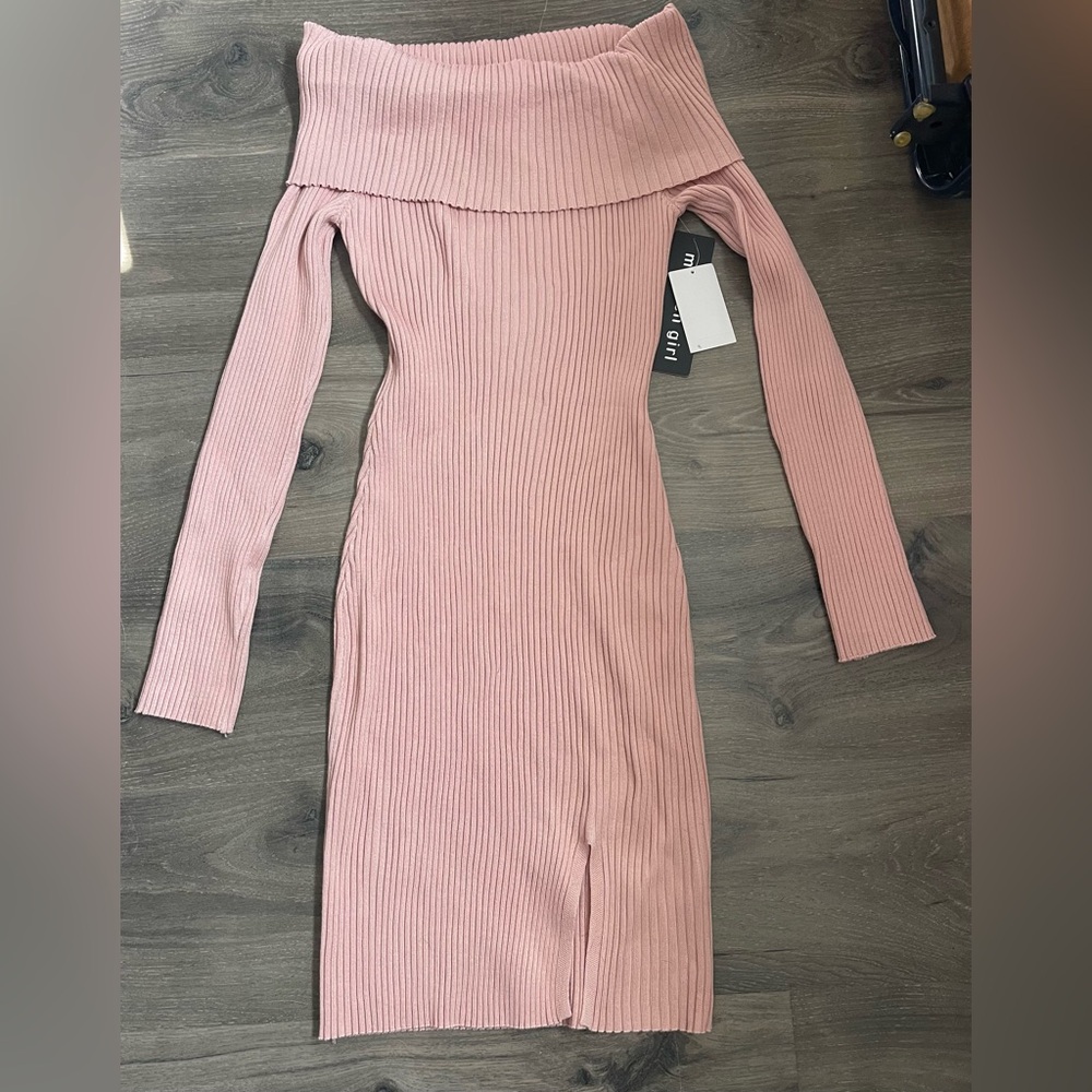 Madden Girl Pink Off-Shoulder Ribbed Dress